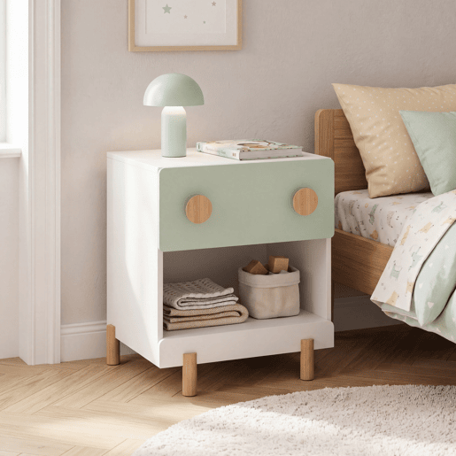 Mesa de cabeceira infantil Vaarentaa 2 gavetas + 1 compartimento 47x40x35 cm BrancoVerde en.casa
