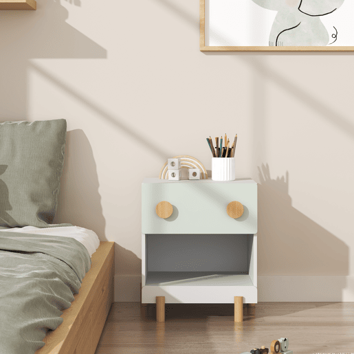 Mesa de cabeceira infantil Vaarentaa 2 gavetas + 1 compartimento 47x40x35 cm BrancoVerde en.casa