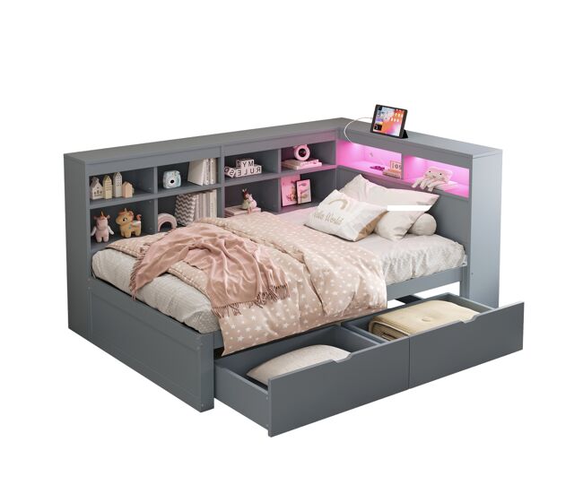Cama individual de madera maciza 90x200 cm con luz led,gris
