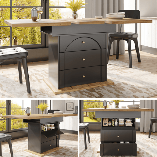 Mesa de jantar extensível retangular 110-140máx cm de mdf,preto+madeira Mesa de jantar extensível retangular 110-140máx cm de mdf,preto+madeira