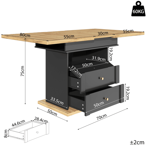 Mesa de jantar extensível retangular 110-140máx cm de mdf,preto+madeira Mesa de jantar extensível retangular 110-140máx cm de mdf,preto+madeira
