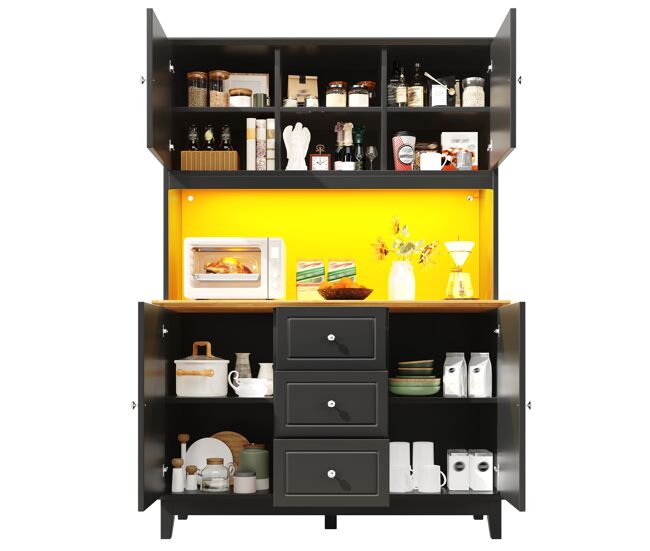 Armario de cocina de mdf con 4 puertas,3 cajones y luz led,negro+madera