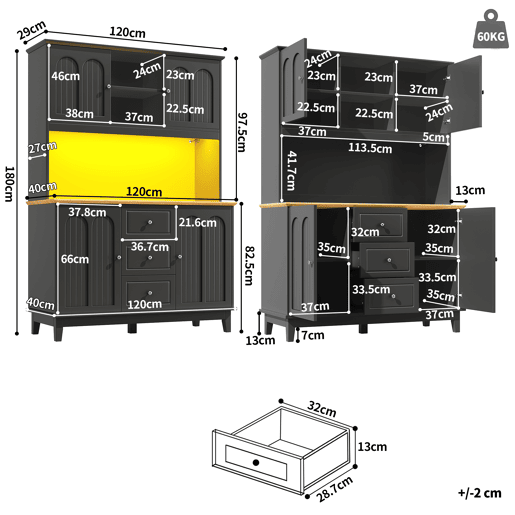 Armário de cozinha de mdf com 4 portas,3 gavetas e luz led,preto+madeira Armário de cozinha de mdf com 4 portas,3 gavetas e luz led,preto+madeira