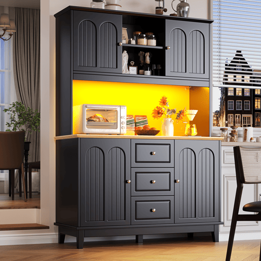 Armário de cozinha de mdf com 4 portas,3 gavetas e luz led,preto+madeira Armário de cozinha de mdf com 4 portas,3 gavetas e luz led,preto+madeira