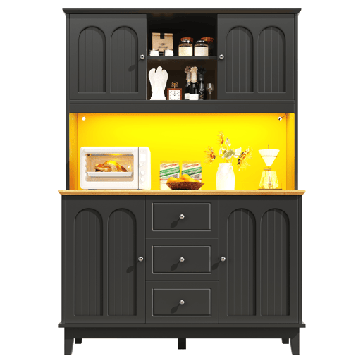 Armário de cozinha de mdf com 4 portas,3 gavetas e luz led,preto+madeira Armário de cozinha de mdf com 4 portas,3 gavetas e luz led,preto+madeira