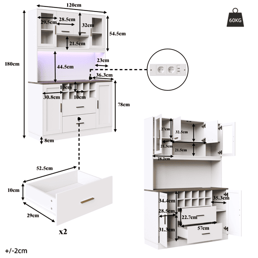 Armário de cozinha de mdf com 6 portas,2 gavetas e luz led,branco Armário de cozinha de mdf com 6 portas,2 gavetas e luz led,branco