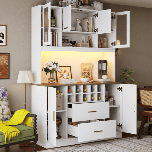 Armário de cozinha de mdf com 6 portas,2 gavetas e luz led,branco Armário de cozinha de mdf com 6 portas,2 gavetas e luz led,branco