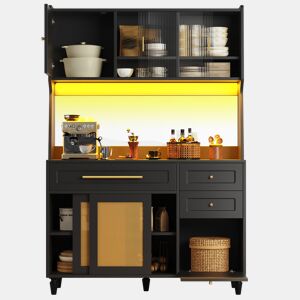 Armário de cozinha de mdf com 6 portas,3 gavetas e luz led,preto+madeira