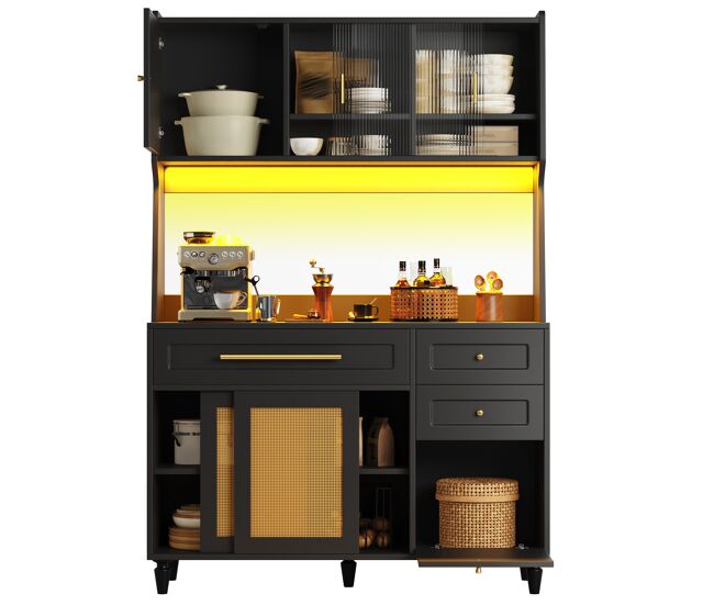 Armario de cocina de mdf con 6 puertas,3 cajones y luz led,negro+madera