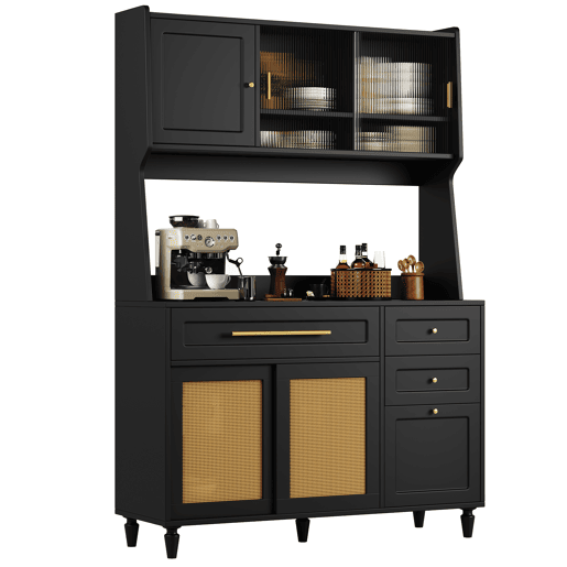Armário de cozinha de mdf com 6 portas,3 gavetas e luz led,preto+madeira