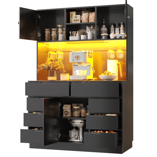 Armário de cozinha de mdf com 3 portas,8 gavetas e luz led,preto Armário de cozinha de mdf com 3 portas,8 gavetas e luz led,preto