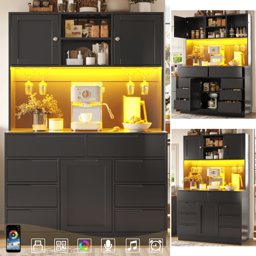 Armário de cozinha de mdf com 3 portas,8 gavetas e luz led,preto Armário de cozinha de mdf com 3 portas,8 gavetas e luz led,preto