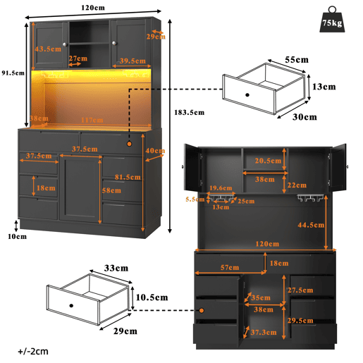 Armário de cozinha de mdf com 3 portas,8 gavetas e luz led,preto Armário de cozinha de mdf com 3 portas,8 gavetas e luz led,preto