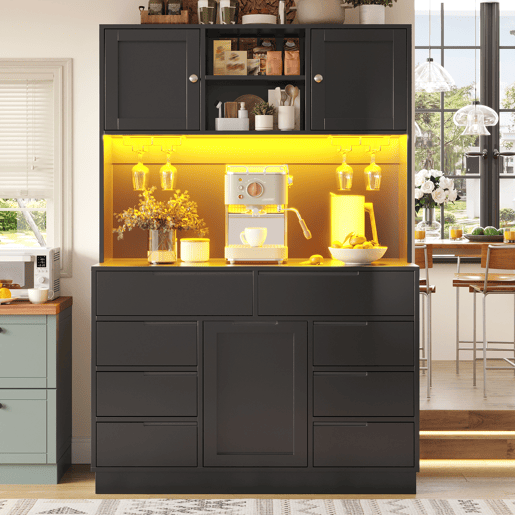 Armário de cozinha de mdf com 3 portas,8 gavetas e luz led,preto Armário de cozinha de mdf com 3 portas,8 gavetas e luz led,preto