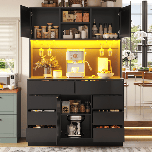 Armário de cozinha de mdf com 3 portas,8 gavetas e luz led,preto Armário de cozinha de mdf com 3 portas,8 gavetas e luz led,preto