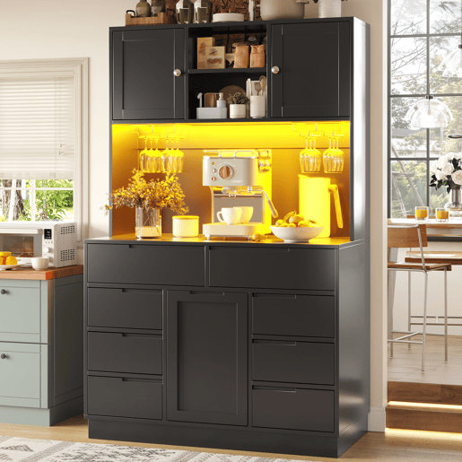 Armário de cozinha de mdf com 3 portas,8 gavetas e luz led,preto Armário de cozinha de mdf com 3 portas,8 gavetas e luz led,preto