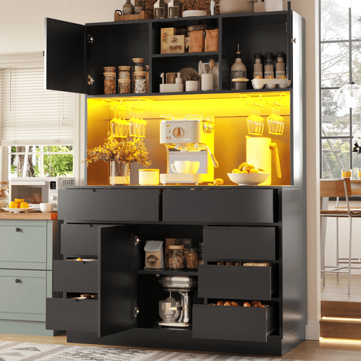 Armário de cozinha de mdf com 3 portas,8 gavetas e luz led,preto Armário de cozinha de mdf com 3 portas,8 gavetas e luz led,preto