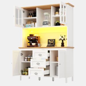 Armário de cozinha de mdf com 4 portas,3 gavetas e luz led,branco