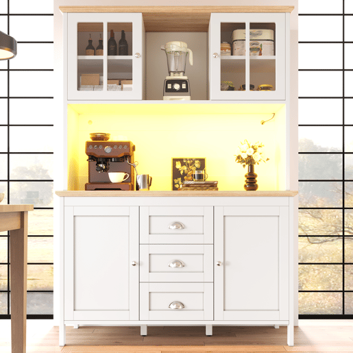 Armário de cozinha de mdf com 4 portas,3 gavetas e luz led,branco Armário de cozinha de mdf com 4 portas,3 gavetas e luz led,branco