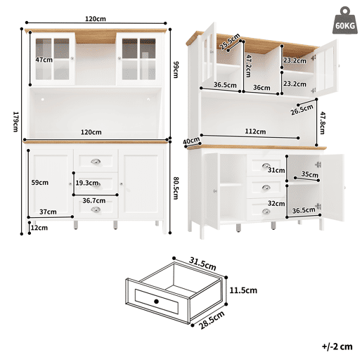 Armário de cozinha de mdf com 4 portas,3 gavetas e luz led,branco Armário de cozinha de mdf com 4 portas,3 gavetas e luz led,branco