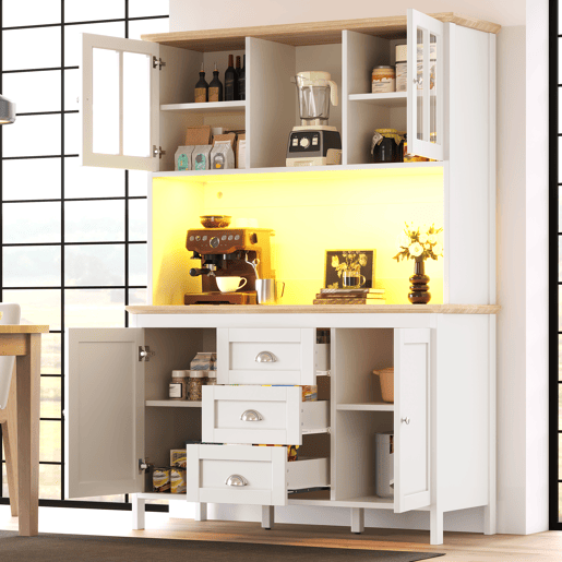 Armário de cozinha de mdf com 4 portas,3 gavetas e luz led,branco Armário de cozinha de mdf com 4 portas,3 gavetas e luz led,branco