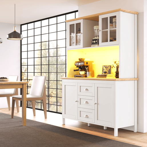 Armário de cozinha de mdf com 4 portas,3 gavetas e luz led,branco Armário de cozinha de mdf com 4 portas,3 gavetas e luz led,branco