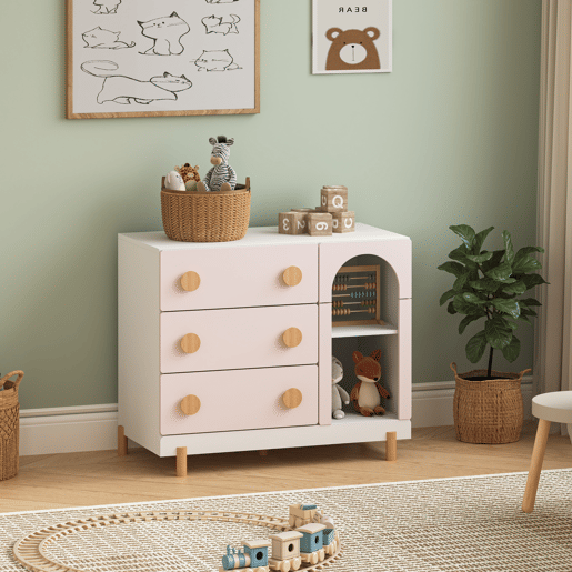 Cómoda infantil Vaarentaa com 3 gavetas + 2 compartimentos 79x41x66 cm BrancoRosa en.casa Cómoda infantil Vaarentaa com 3 gavetas + 2 compartimentos 79x41x66 cm BrancoRosa en.casa