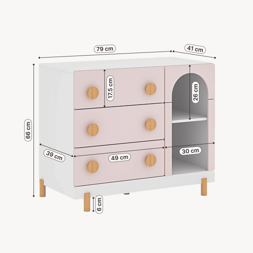 Cómoda infantil Vaarentaa com 3 gavetas + 2 compartimentos 79x41x66 cm BrancoRosa en.casa Cómoda infantil Vaarentaa com 3 gavetas + 2 compartimentos 79x41x66 cm BrancoRosa en.casa