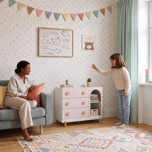 Cómoda infantil Vaarentaa com 3 gavetas + 2 compartimentos 79x41x66 cm BrancoRosa en.casa Cómoda infantil Vaarentaa com 3 gavetas + 2 compartimentos 79x41x66 cm BrancoRosa en.casa