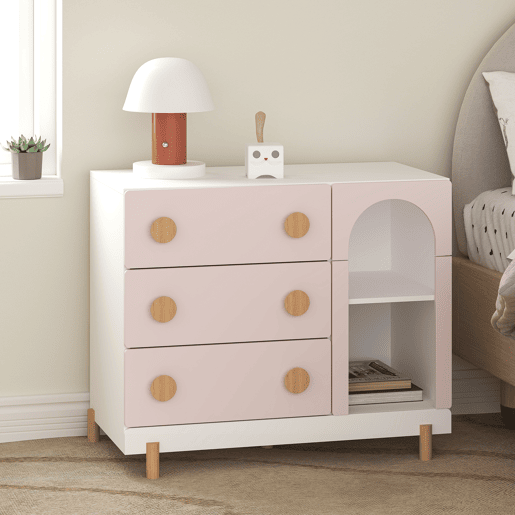 Cómoda infantil Vaarentaa com 3 gavetas + 2 compartimentos 79x41x66 cm BrancoRosa en.casa Cómoda infantil Vaarentaa com 3 gavetas + 2 compartimentos 79x41x66 cm BrancoRosa en.casa