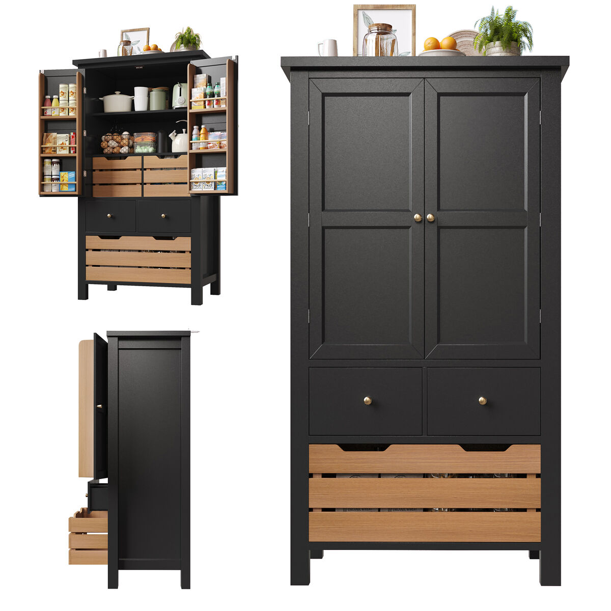 Armario de cocina con 2 puertas y 5 cajones 80 Negro/ Madera