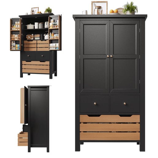 Armário de cozinha de mdf com 2 portas e 5 gavetas,preto+madeira Armário de cozinha de mdf com 2 portas e 5 gavetas,preto+madeira