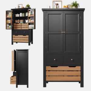 Armário de cozinha de mdf com 2 portas e 5 gavetas,preto+madeira