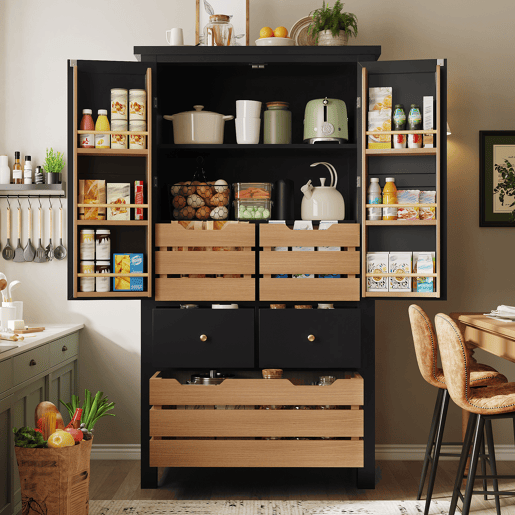Armário de cozinha de mdf com 2 portas e 5 gavetas,preto+madeira Armário de cozinha de mdf com 2 portas e 5 gavetas,preto+madeira