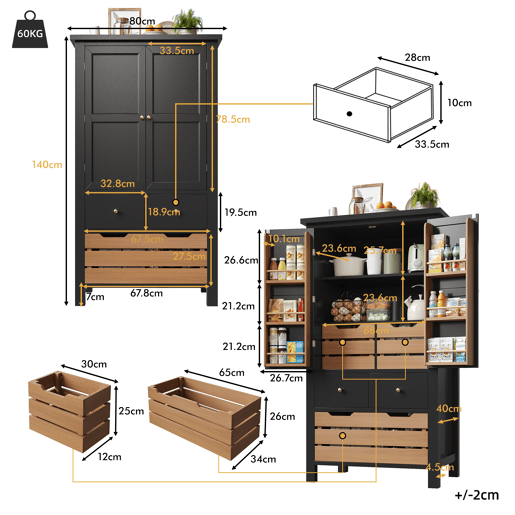 Armário de cozinha de mdf com 2 portas e 5 gavetas,preto+madeira Armário de cozinha de mdf com 2 portas e 5 gavetas,preto+madeira