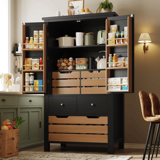 Armário de cozinha de mdf com 2 portas e 5 gavetas,preto+madeira Armário de cozinha de mdf com 2 portas e 5 gavetas,preto+madeira