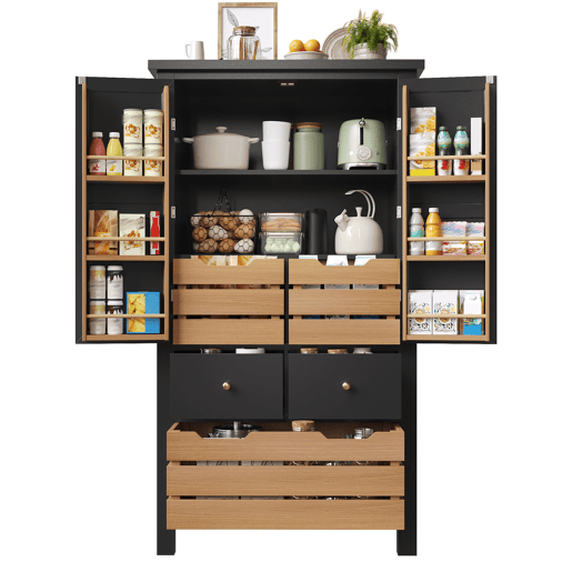 Armário de cozinha de mdf com 2 portas e 5 gavetas,preto+madeira Armário de cozinha de mdf com 2 portas e 5 gavetas,preto+madeira