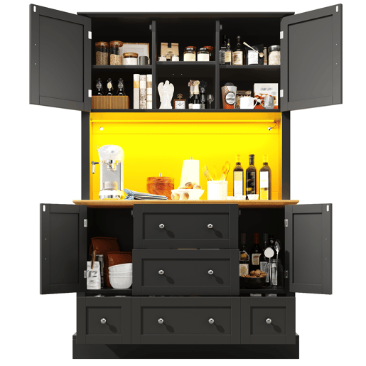 Armário de cozinha de mdf com 4 portas,5 gavetas e luz led,preto+madeira