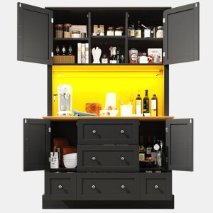 Armário de cozinha de mdf com 4 portas,5 gavetas e luz led,preto+madeira