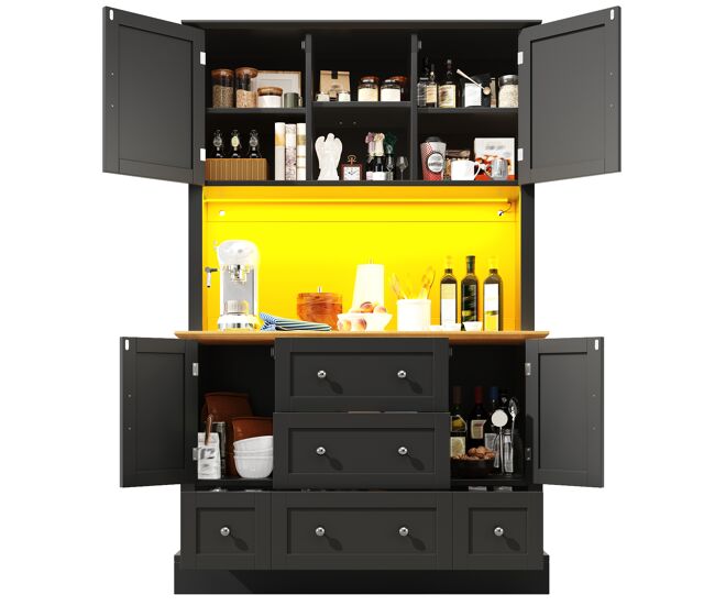 Armario de cocina de mdf con 4 puertas,5 cajones y luz led,negro+madera