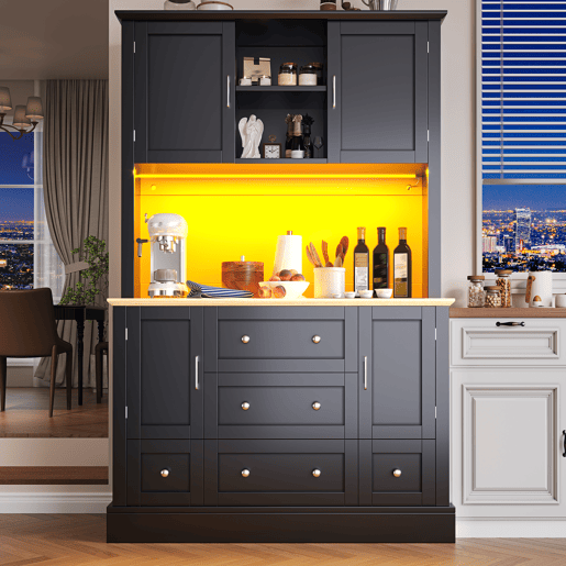 Armário de cozinha de mdf com 4 portas,5 gavetas e luz led,preto+madeira