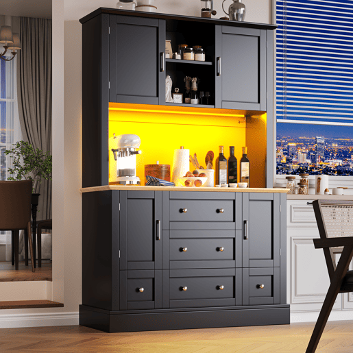 Armário de cozinha de mdf com 4 portas,5 gavetas e luz led,preto+madeira