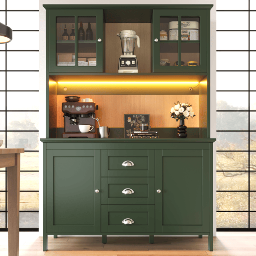 Armário de cozinha de mdf com 4 portas,3 gavetas e luz led,verde Armário de cozinha de mdf com 4 portas,3 gavetas e luz led,verde