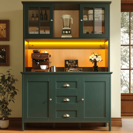 Armário de cozinha de mdf com 4 portas,3 gavetas e luz led,verde Armário de cozinha de mdf com 4 portas,3 gavetas e luz led,verde