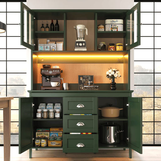 Armário de cozinha de mdf com 4 portas,3 gavetas e luz led,verde Armário de cozinha de mdf com 4 portas,3 gavetas e luz led,verde