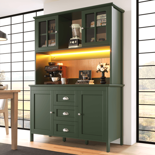 Armário de cozinha de mdf com 4 portas,3 gavetas e luz led,verde Armário de cozinha de mdf com 4 portas,3 gavetas e luz led,verde