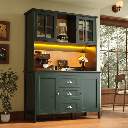 Armário de cozinha de mdf com 4 portas,3 gavetas e luz led,verde Armário de cozinha de mdf com 4 portas,3 gavetas e luz led,verde