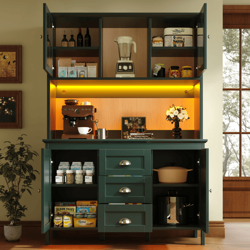 Armário de cozinha de mdf com 4 portas,3 gavetas e luz led,verde Armário de cozinha de mdf com 4 portas,3 gavetas e luz led,verde