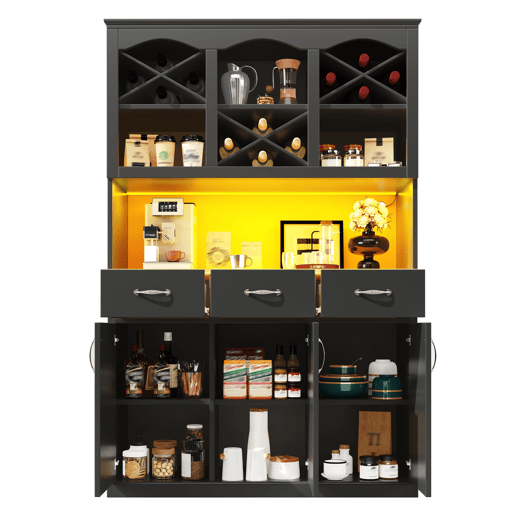 Armário de cozinha de mdf com 3 portas,3 gavetas e luz led,preto