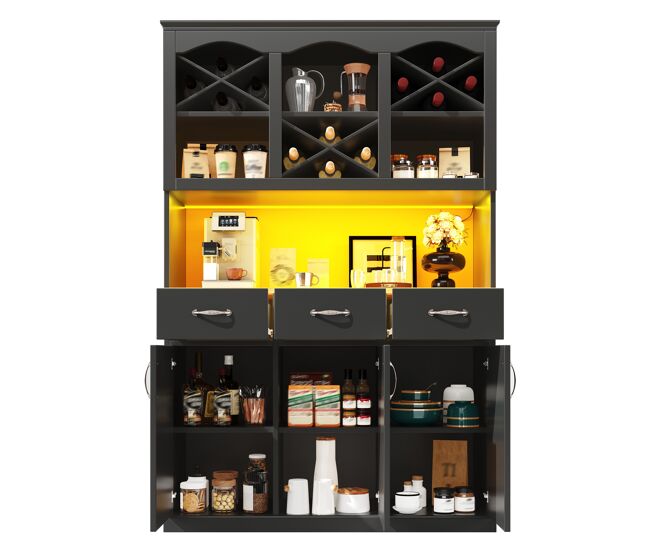 Armario de cocina de mdf con 3 puertas,3 cajones y luz led,negro